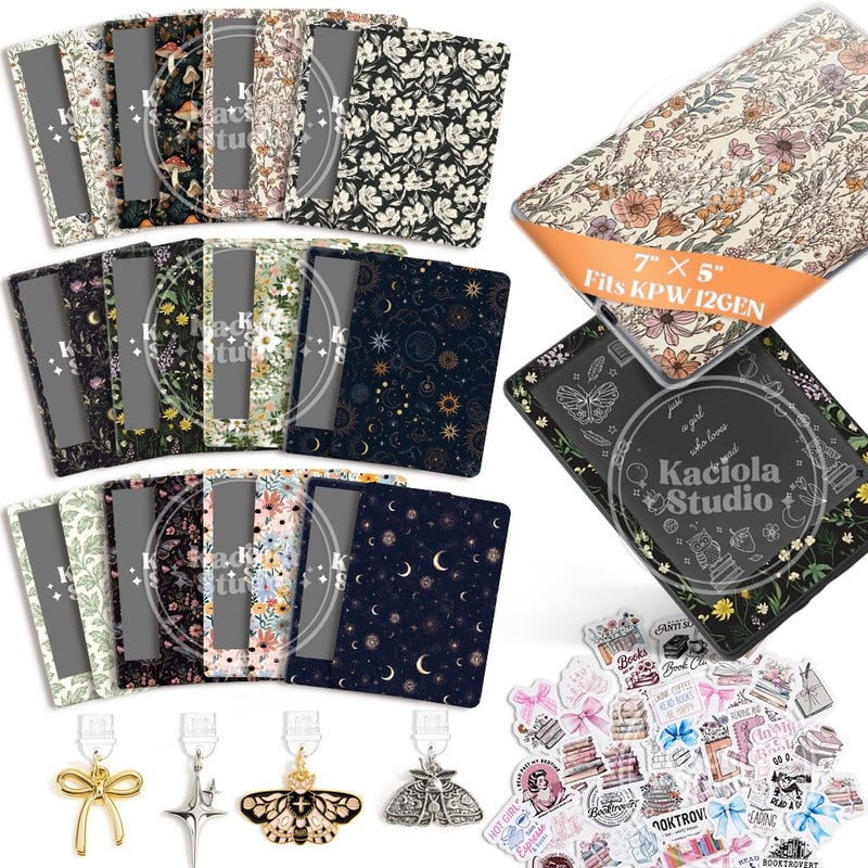KACIOLA STUDIO 24PCS Vintage Floral Skin for E-Reader, and 4PCS Type C Charms for E-Reader with Scrapbook Stickers, 7"x5" Skin Front and Back Decal Inserts for Paper White 12th (Vintage Floral) - Image 1