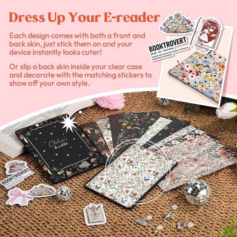 KACIOLA STUDIO 24PCS Vintage Floral Skin for E-Reader, and 4PCS Type C Charms for E-Reader with Scrapbook Stickers, 7"x5" Skin Front and Back Decal Inserts for Paper White 12th (Vintage Floral) - Image 2