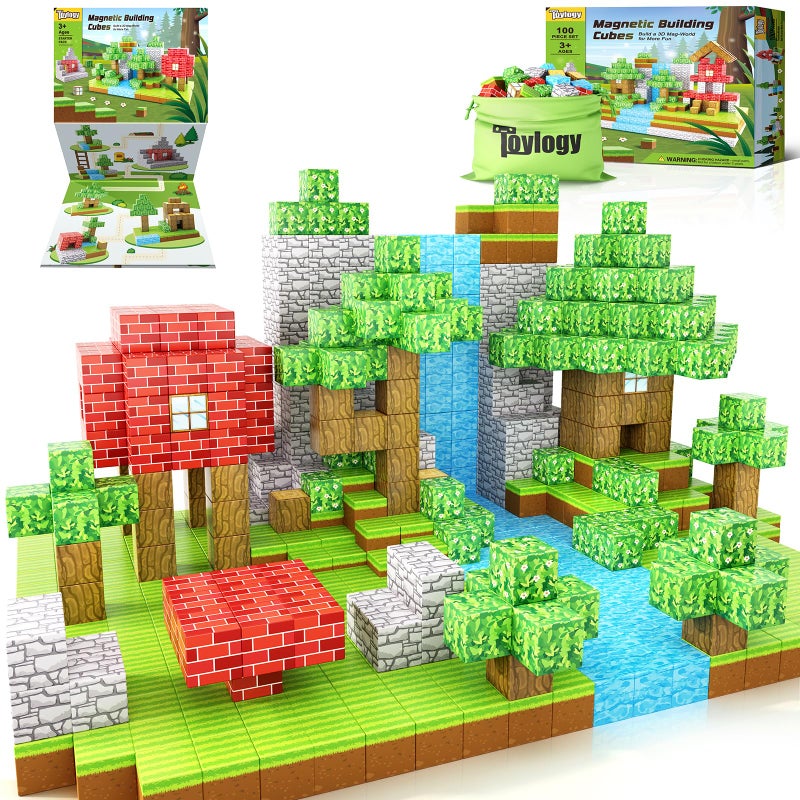 Toylogy 100 قطعة كتل مغناطيسية - مجموعة بناء عالم المغناطيس للأولاد والبنات من عمر 3-5 و 6-8، ألعاب حسية STEM للأطفال، هدايا للفتيان والفتيات من عمر 3 سنوات فما فوق، ألعاب بناء ضرورية في الفصول الدراسية - Image 1