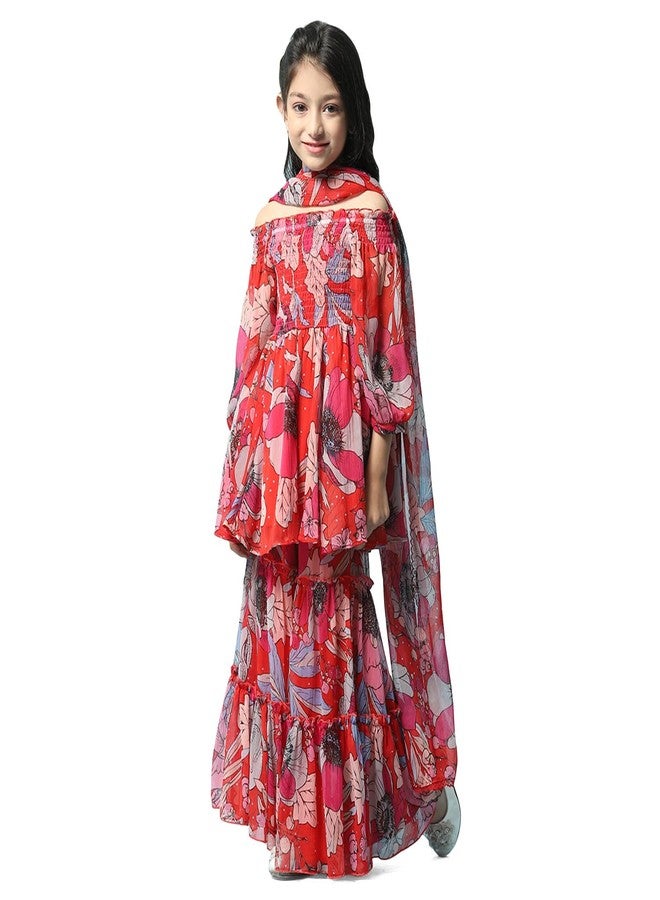 BIBA Girl Polyester Printed Gathered Kid(Kw5493_Red_5), Salwar Suit Set - Image 3