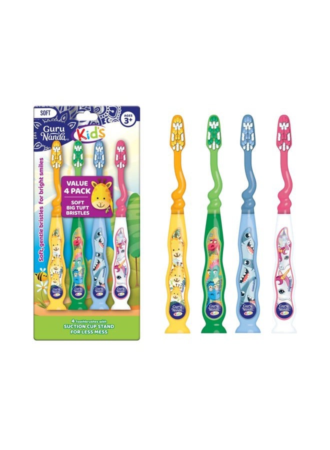 GuruNanda Kids Toothbrush with Suction Cup & Fun Animal Designs - Soft Bristles for Healthy Gums- Non-Slippery & Mess-Free Toothbrush, 3+ Age- 4 Count - Image 1