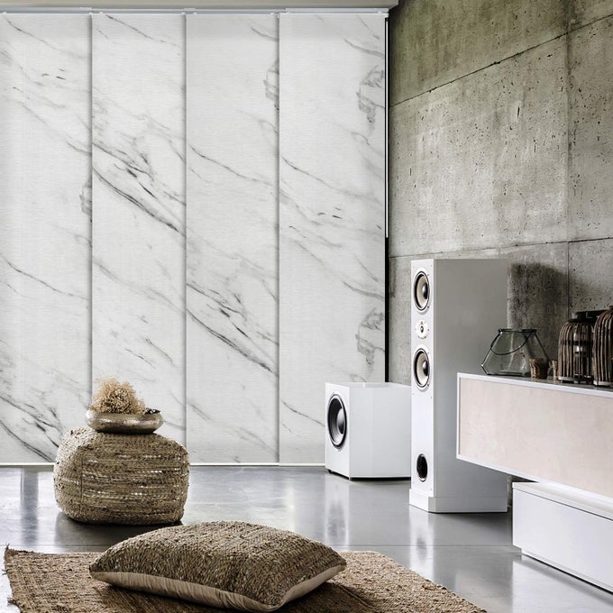 DELUXE ADJUSTABLE SLIDING PANEL TRACK BLIND 458 86 W X 96 H EXTENDABLE 4RAIL TRACK BLIND FOR PATIO DOOR TRIMMABLE PLEATED NATURAL WOVEN FABRIC MARBLE PRINTED PATTERN STATUARIO