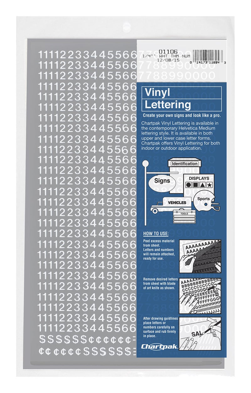 Chartpak SelfAdhesive Vinyl Numbers 14 Inch High White 718 per Pack 01106
