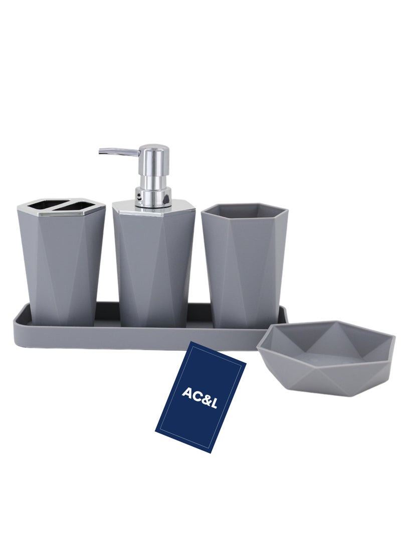 AC&L - AC&L Bathroom Accessories Set, 5 Pcs Plastic Bathroom Counter Vanity Set, Liquid Soap Dispenser, Toothbrush Holder, Soap Dish, Q tips Tumbler, Vanity Tray, Modern Bathroom Decor Organizer (Grey) - Image 1
