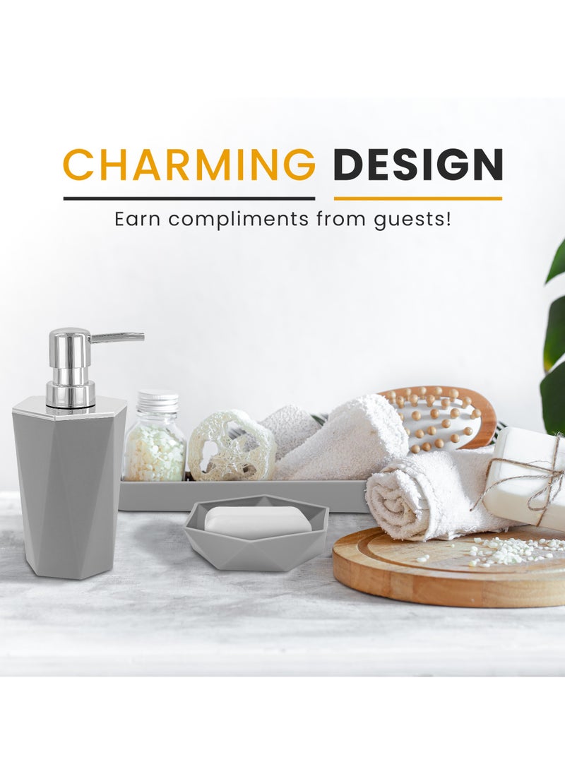 AC&L - AC&L Bathroom Accessories Set, 5 Pcs Plastic Bathroom Counter Vanity Set, Liquid Soap Dispenser, Toothbrush Holder, Soap Dish, Q tips Tumbler, Vanity Tray, Modern Bathroom Decor Organizer (Grey) - Image 1