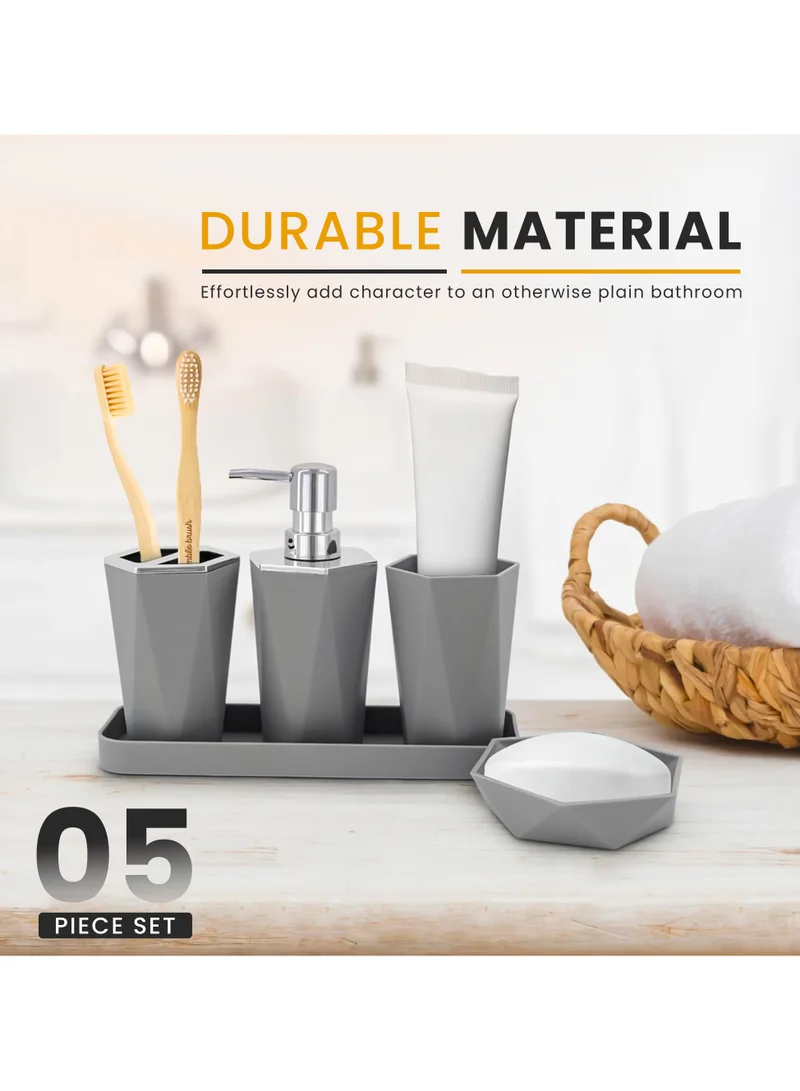 AC&L AC&L Bathroom Accessories Set, 5 Pcs Plastic Bathroom Counter Vanity Set, Liquid Soap Dispenser, Toothbrush Holder, Soap Dish, Q tips Tumbler, Vanity Tray, Modern Bathroom Decor Organizer (Grey)