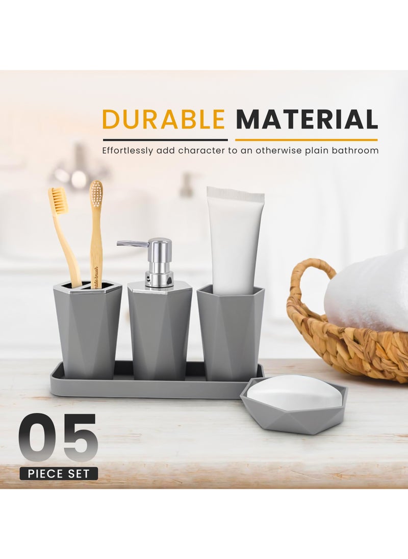 AC&L - AC&L Bathroom Accessories Set, 5 Pcs Plastic Bathroom Counter Vanity Set, Liquid Soap Dispenser, Toothbrush Holder, Soap Dish, Q tips Tumbler, Vanity Tray, Modern Bathroom Decor Organizer (Grey) - Image 1