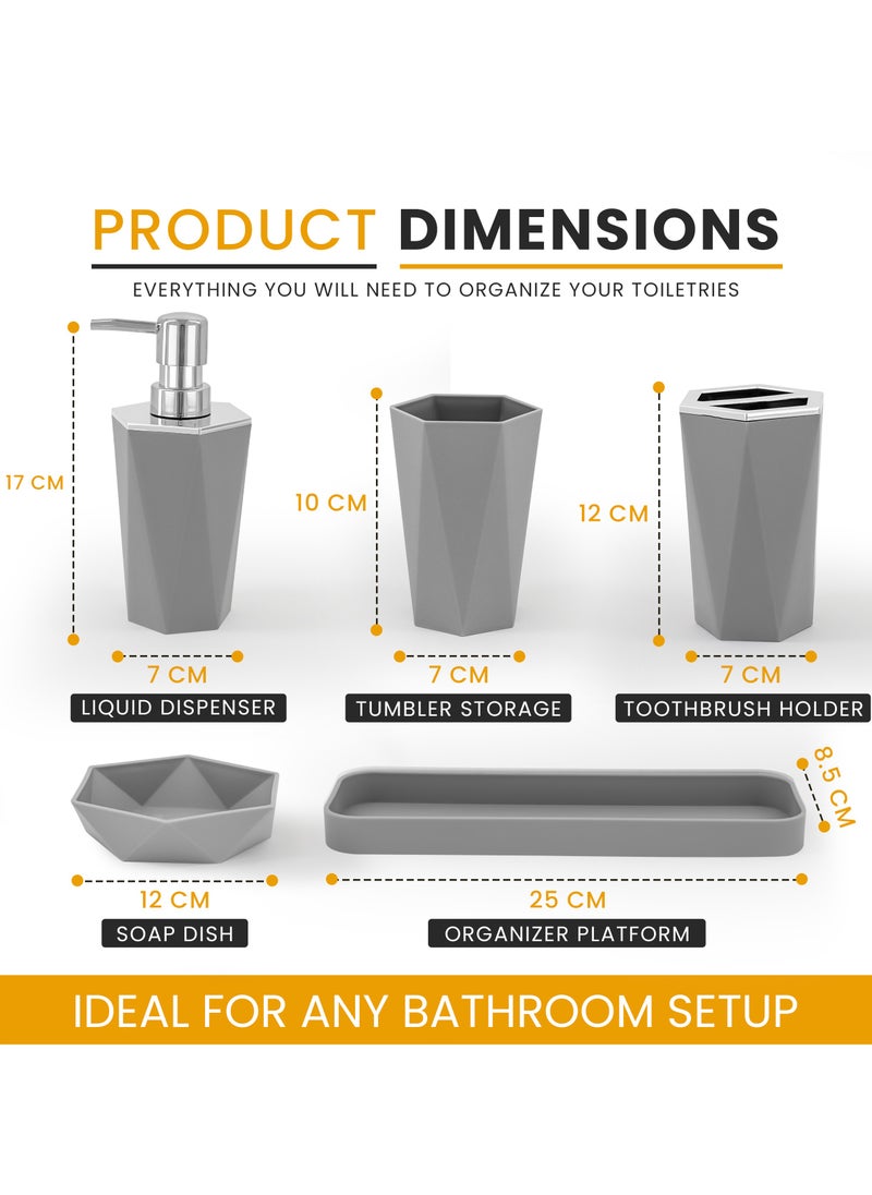AC&L - AC&L Bathroom Accessories Set, 5 Pcs Plastic Bathroom Counter Vanity Set, Liquid Soap Dispenser, Toothbrush Holder, Soap Dish, Q tips Tumbler, Vanity Tray, Modern Bathroom Decor Organizer (Grey) - Image 1