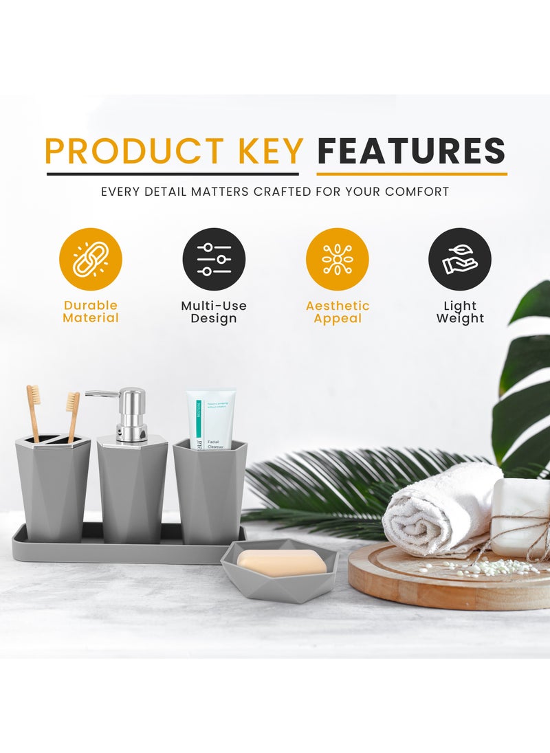 AC&L - AC&L Bathroom Accessories Set, 5 Pcs Plastic Bathroom Counter Vanity Set, Liquid Soap Dispenser, Toothbrush Holder, Soap Dish, Q tips Tumbler, Vanity Tray, Modern Bathroom Decor Organizer (Grey) - Image 1