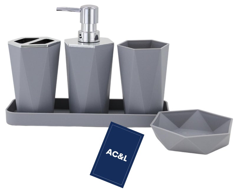أيه سي آند ال طقم إكسسوارات حمام &،  قطع بلاستيك لتزيين سطح الحمام، موزع صابون سائل، حامل فرشاة أسنان، طبق صابون، كوب قطن، صينية زينة، منظم ديكور حمام عصري رمادي - Image 1