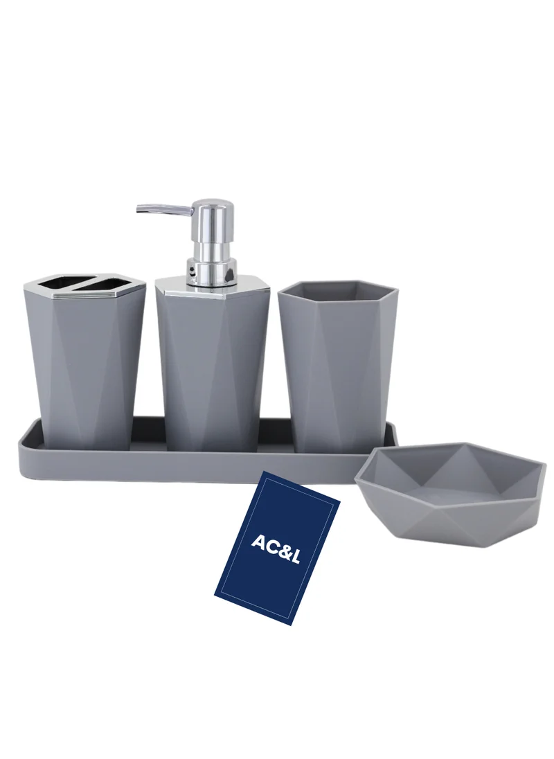 AC&L AC&L Bathroom Accessories Set, 5 Pcs Plastic Bathroom Counter Vanity Set, Liquid Soap Dispenser, Toothbrush Holder, Soap Dish, Q tips Tumbler, Vanity Tray, Modern Bathroom Decor Organizer (Grey)