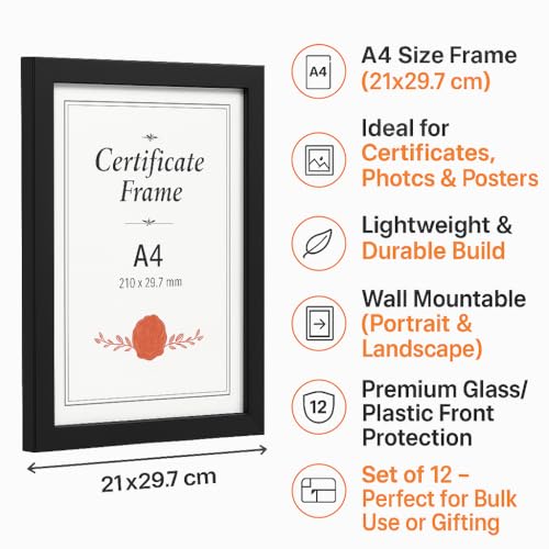 CDM Set of 12 A4 Size Certificate Photo Frames | Wall Mountable Black Frame for Awards, Diplomas, Pictures | Lightweight & Durable | 21x29.7 cm - Image 3