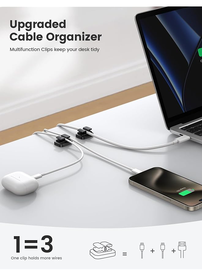erorex 3 In 1 Spring Cable Holder Clips 3 Pack Hold 9 Cables Adjustable Wire Holder Organiser No Residue Adhesive Cord Management For Usb Charger Cable Power Cords Wall Desk Car Office - Image 2
