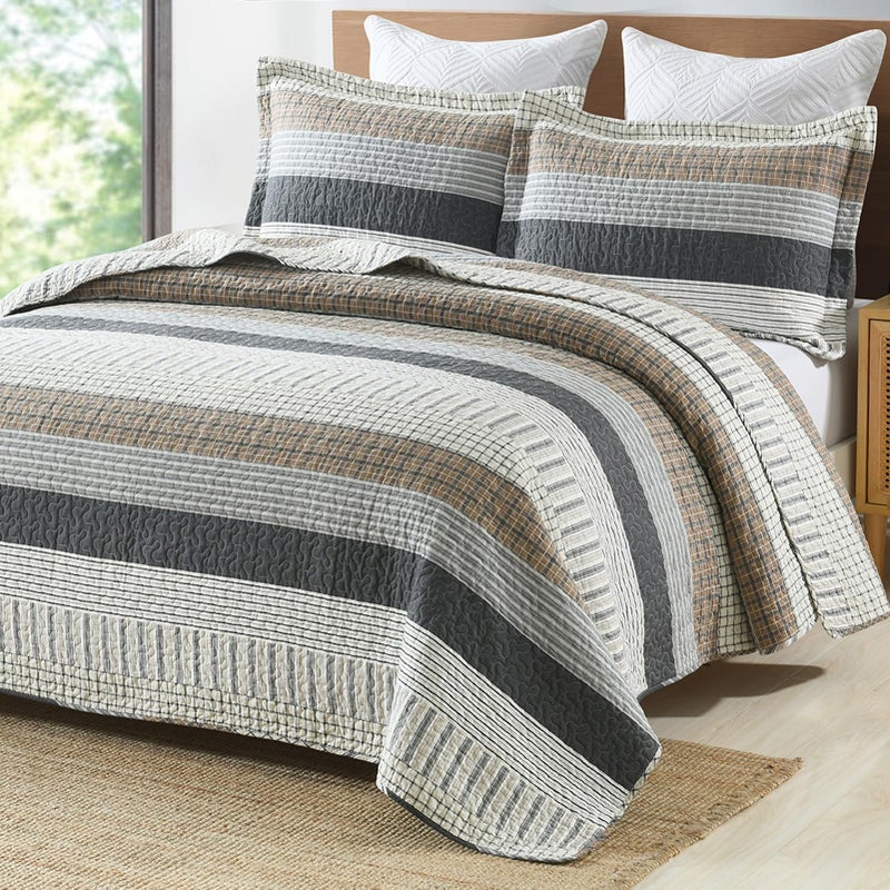 PANGUSHAN 100% Cotton Quilt Set King Size, Patchwork King Quilt Bedding Set Bedspreads, Farmhouse Lightweight Comforter Reversible Quilt, White/Brown/Grey Bed Spread for All Season, 3 Pieces - Image 1