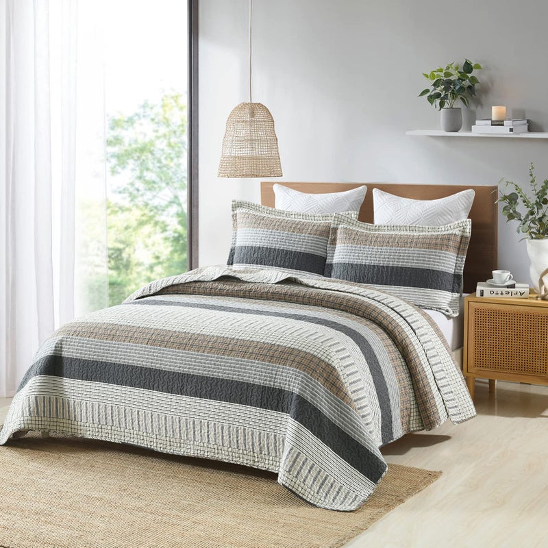 PANGUSHAN 100% Cotton Quilt Set King Size, Patchwork King Quilt Bedding Set Bedspreads, Farmhouse Lightweight Comforter Reversible Quilt, White/Brown/Grey Bed Spread for All Season, 3 Pieces - Image 3