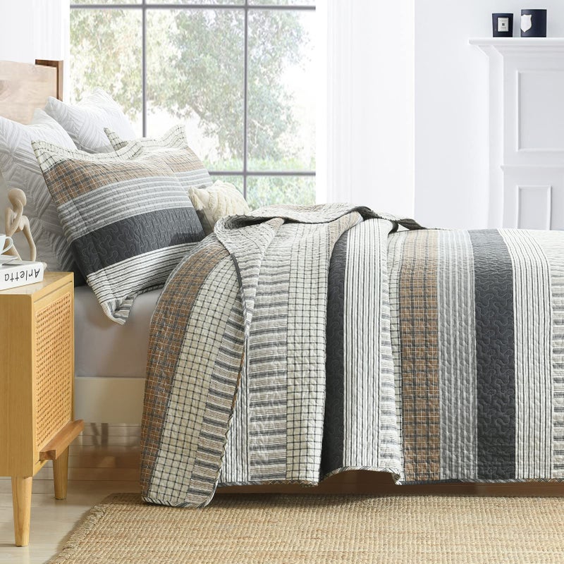 PANGUSHAN 100% Cotton Quilt Set King Size, Patchwork King Quilt Bedding Set Bedspreads, Farmhouse Lightweight Comforter Reversible Quilt, White/Brown/Grey Bed Spread for All Season, 3 Pieces - Image 4