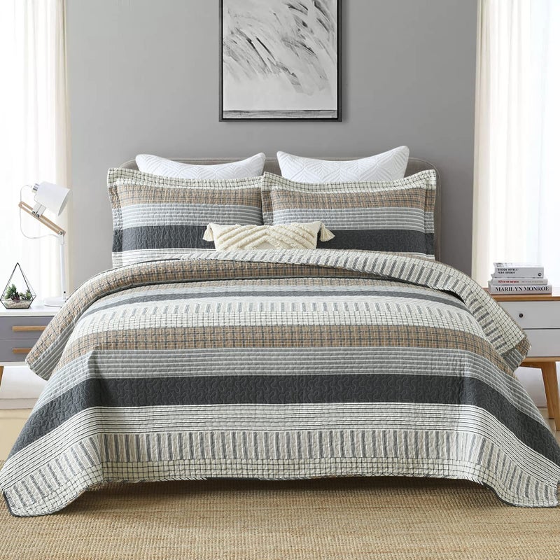 PANGUSHAN 100% Cotton Quilt Set King Size, Patchwork King Quilt Bedding Set Bedspreads, Farmhouse Lightweight Comforter Reversible Quilt, White/Brown/Grey Bed Spread for All Season, 3 Pieces - Image 2