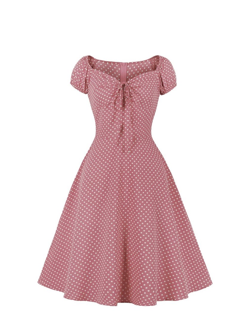 Loquat Neck Style Retro Large Swing Dress Pink  - Image 1