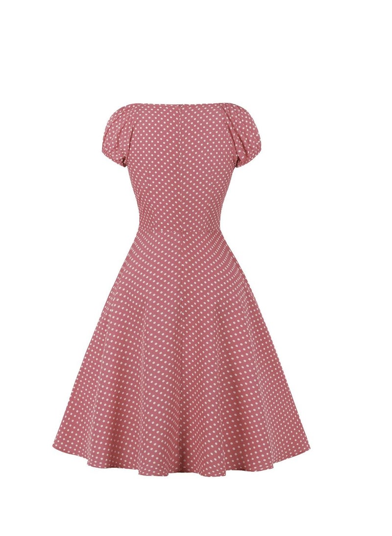 Loquat Neck Style Retro Large Swing Dress Pink  - Image 2