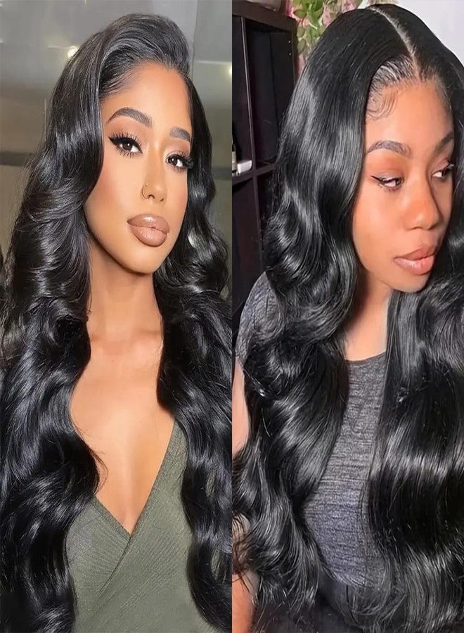 BASEMMAHER Lace Front Wigs Human Hair Pre Plucked Glueless 25inch Body Wave Frontal Wigs Natural Black Artificial High-Density Emulation Black HD Transparent Lace Wigs for Women Girls - Image 3