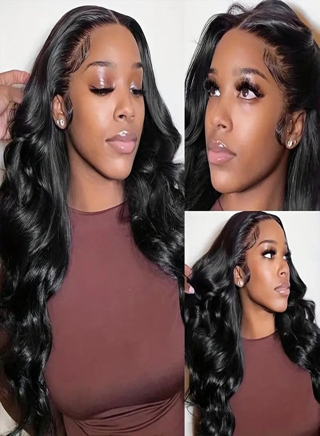 BASEMMAHER Lace Front Wigs Human Hair Pre Plucked Glueless 25inch Body Wave Frontal Wigs Natural Black Artificial High-Density Emulation Black HD Transparent Lace Wigs for Women Girls - Image 2
