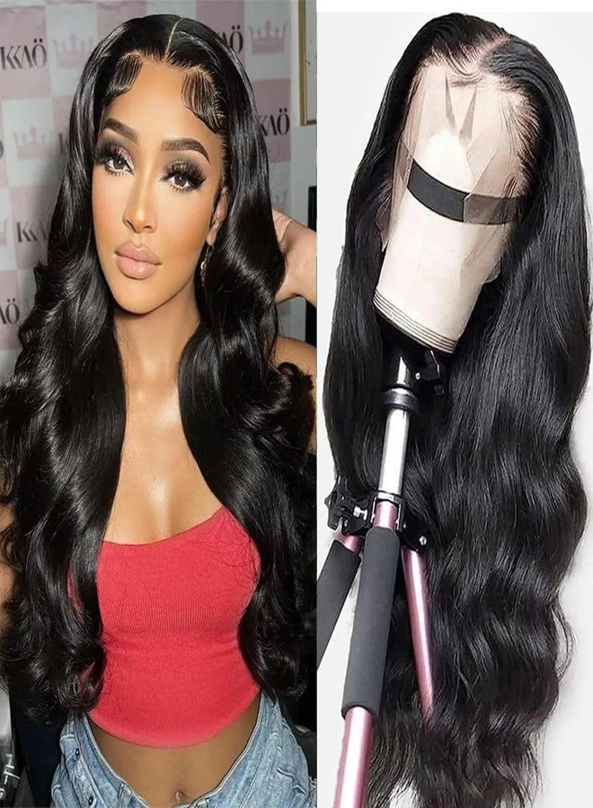 BASEMMAHER Lace Front Wigs Human Hair Pre Plucked Glueless 25inch Body Wave Frontal Wigs Natural Black Artificial High-Density Emulation Black HD Transparent Lace Wigs for Women Girls - Image 1
