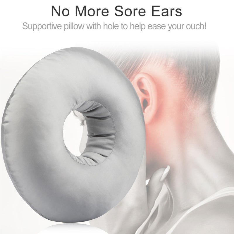 Heal n Hope Silky Satin Piercing Pillow Ear Pillows Donut with Hole for Ear Pain CNH Piercing Pain Relief Sleeping Pressure Sore Side Sleepers Smooth Cooling Ear Guard Protector, Silver Gray - Image 2