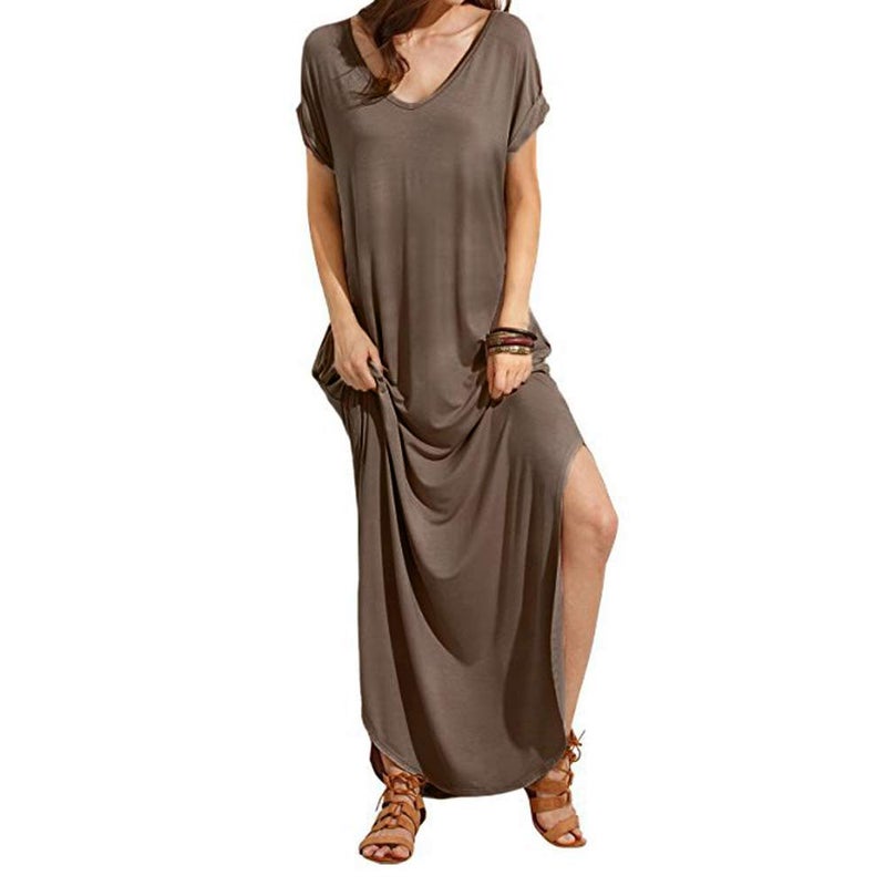 Match Women's V-Neck Casual Loose Short Sleeve Long T-Shirt Dress Split Maxi Dress with Side Pocket (152 Khaki, XL) - Image 3