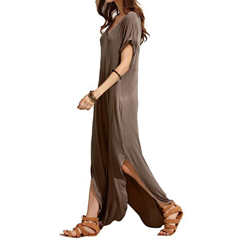 Match Women's V-Neck Casual Loose Short Sleeve Long T-Shirt Dress Split Maxi Dress with Side Pocket (152 Khaki, XL) - Image 2