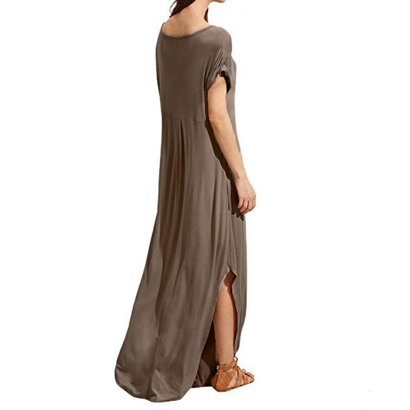 Match Women's V-Neck Casual Loose Short Sleeve Long T-Shirt Dress Split Maxi Dress with Side Pocket (152 Khaki, XL) - Image 4