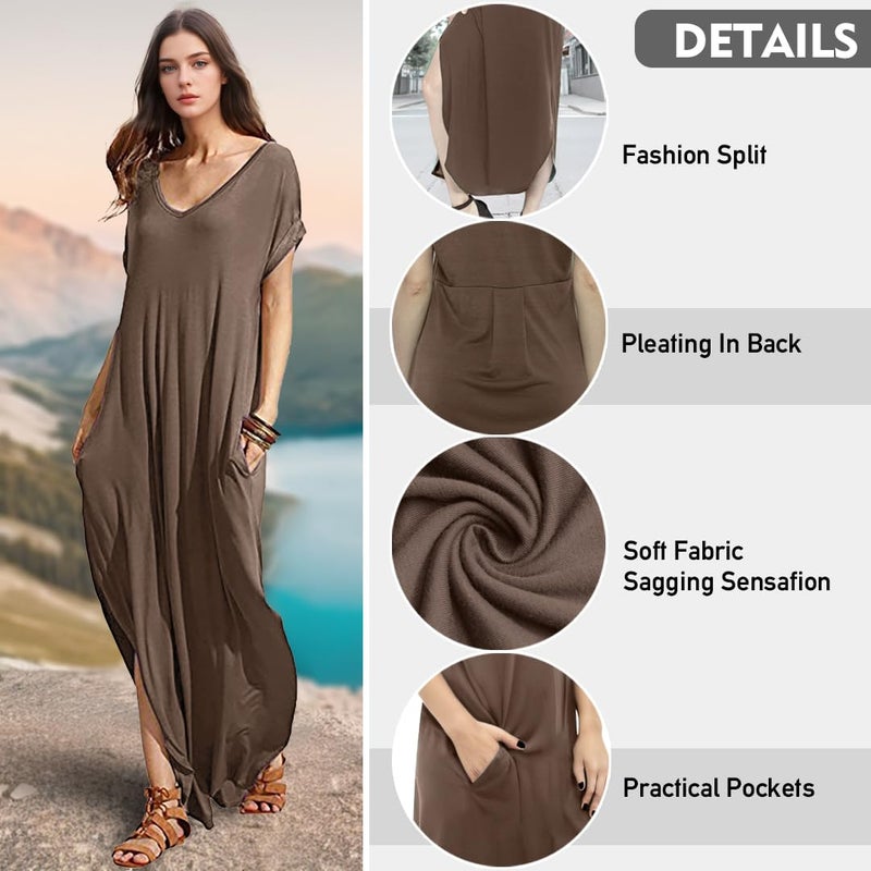 Match Women's V-Neck Casual Loose Short Sleeve Long T-Shirt Dress Split Maxi Dress with Side Pocket (152 Khaki, XL) - Image 5