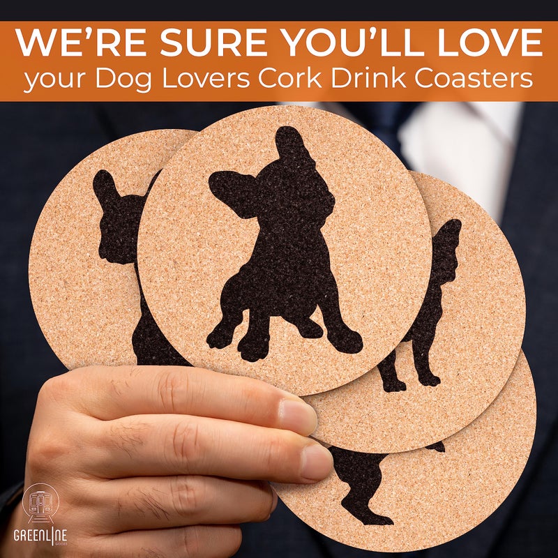 جرين لاين جوودز Greenline Bots French Bulldog Lovers Cork Drink Coasters - مجموعة من 4 الوقايات الكلاب مع قاع واقٍ من القاع - بلاده الفرنسية للديكورات للمشروبات - فكرة هدية فرنسية للبلاد الفرنسية والآباء - Image 5