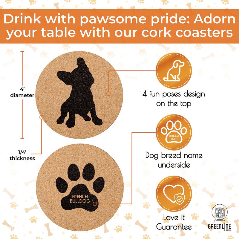 جرين لاين جوودز Greenline Bots French Bulldog Lovers Cork Drink Coasters - مجموعة من 4 الوقايات الكلاب مع قاع واقٍ من القاع - بلاده الفرنسية للديكورات للمشروبات - فكرة هدية فرنسية للبلاد الفرنسية والآباء - Image 4