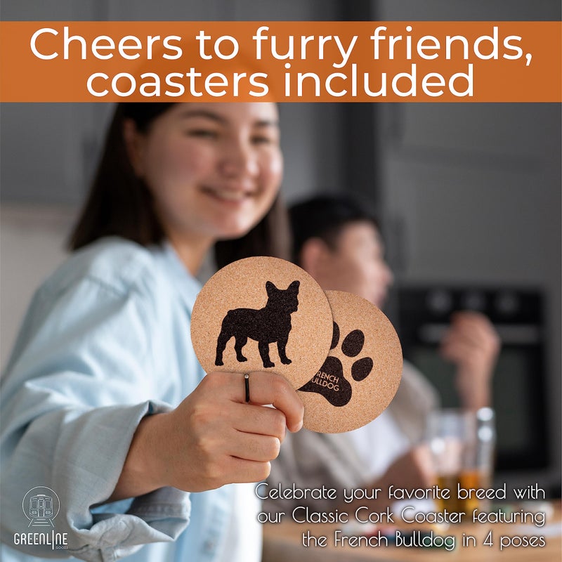 جرين لاين جوودز Greenline Bots French Bulldog Lovers Cork Drink Coasters - مجموعة من 4 الوقايات الكلاب مع قاع واقٍ من القاع - بلاده الفرنسية للديكورات للمشروبات - فكرة هدية فرنسية للبلاد الفرنسية والآباء - Image 2