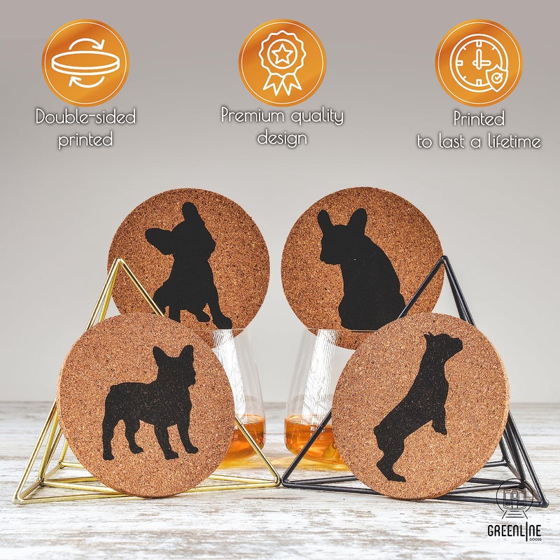جرين لاين جوودز Greenline Bots French Bulldog Lovers Cork Drink Coasters - مجموعة من 4 الوقايات الكلاب مع قاع واقٍ من القاع - بلاده الفرنسية للديكورات للمشروبات - فكرة هدية فرنسية للبلاد الفرنسية والآباء - Image 3