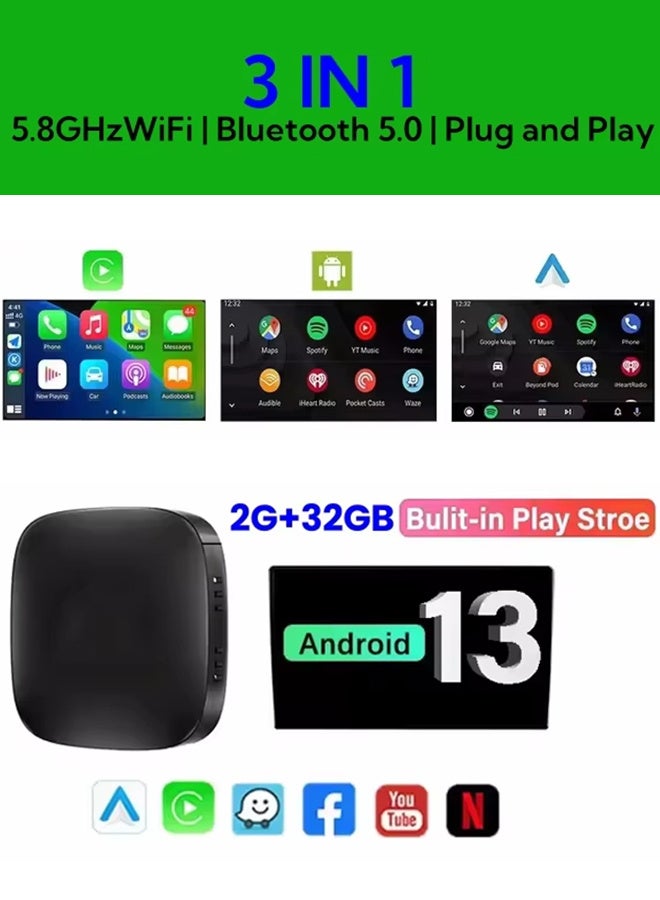 3 in 1 CarPlay AI Box, Wireless Android Car USB Adapter for Youtube Netflix, 2+32GB, Plug and Play, Wired CarPlay to Wireless - Image 3