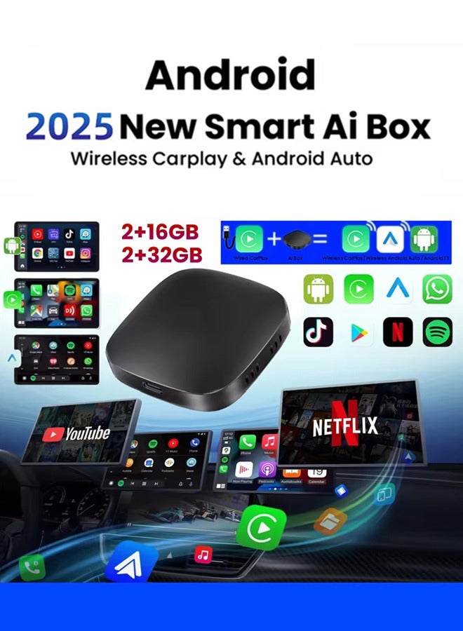 3 in 1 CarPlay AI Box, Wireless Android Car USB Adapter for Youtube Netflix, 2+32GB, Plug and Play, Wired CarPlay to Wireless - Image 1