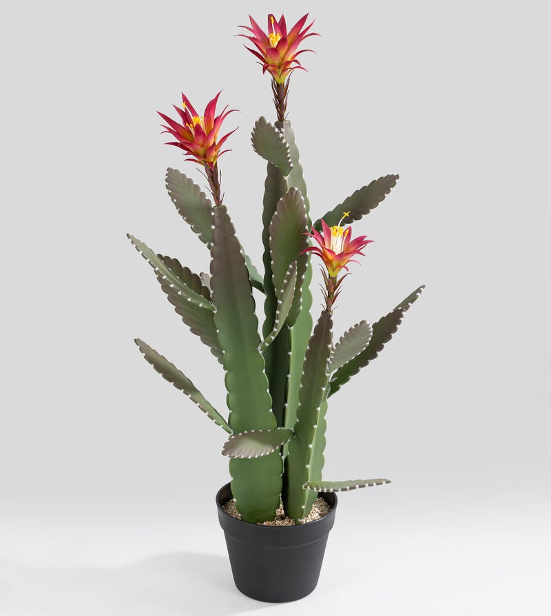 SUNPRAIRIE 33 Inch Large Artificial Cactus with Magenta Flowers in Pot with Natural Gravel. Satin Finish Leaves with Real Look and Feel. Outdoor and Indoor Faux Plants. - Image 1