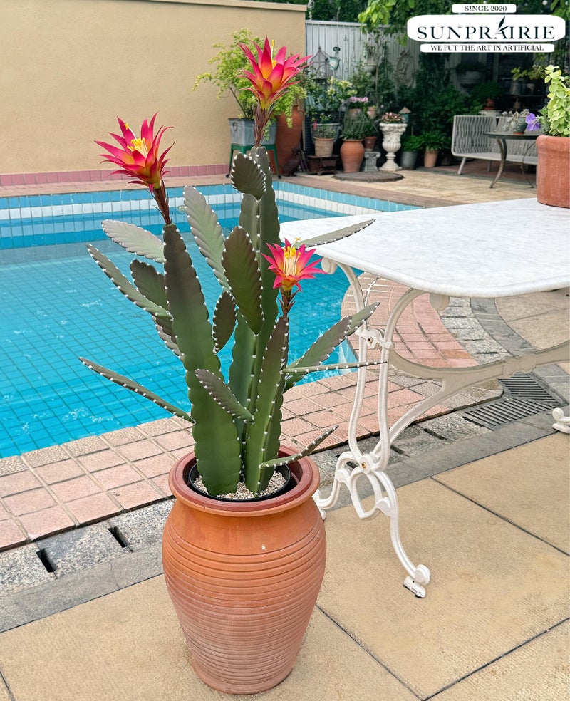 SUNPRAIRIE 33 Inch Large Artificial Cactus with Magenta Flowers in Pot with Natural Gravel. Satin Finish Leaves with Real Look and Feel. Outdoor and Indoor Faux Plants. - Image 5