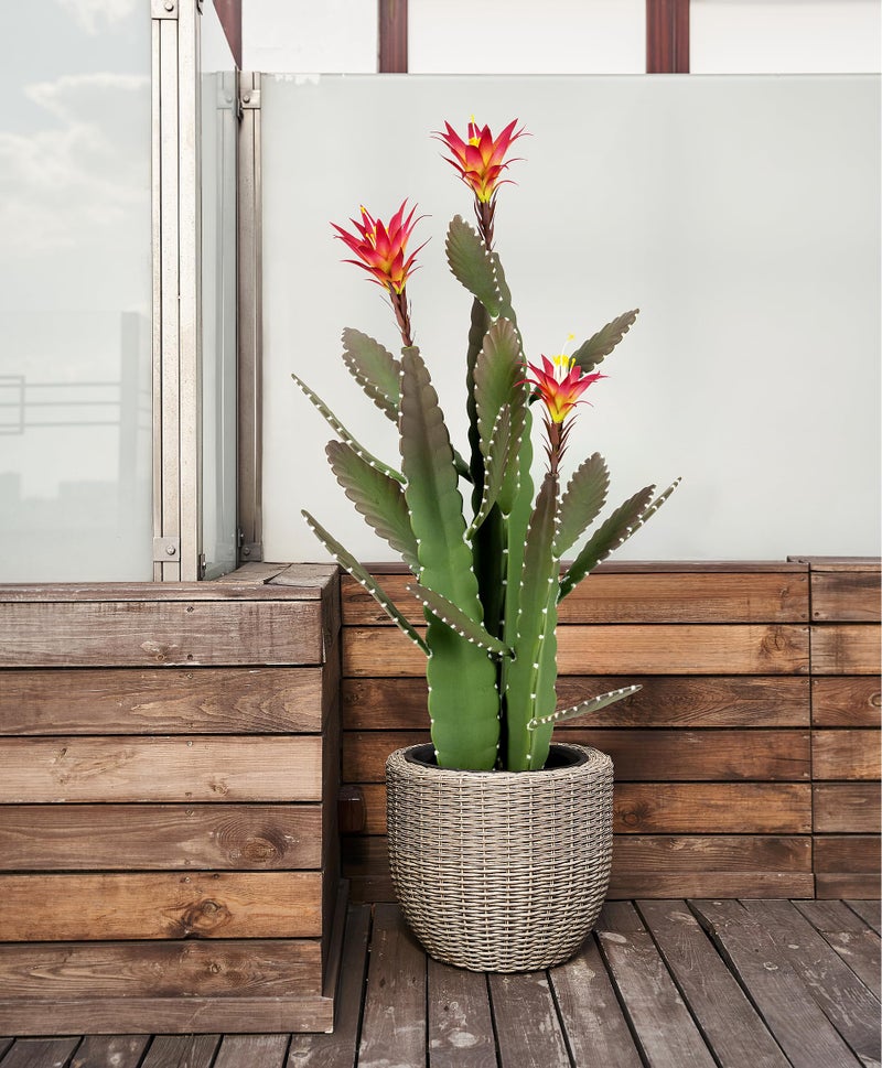 SUNPRAIRIE 33 Inch Large Artificial Cactus with Magenta Flowers in Pot with Natural Gravel. Satin Finish Leaves with Real Look and Feel. Outdoor and Indoor Faux Plants. - Image 4