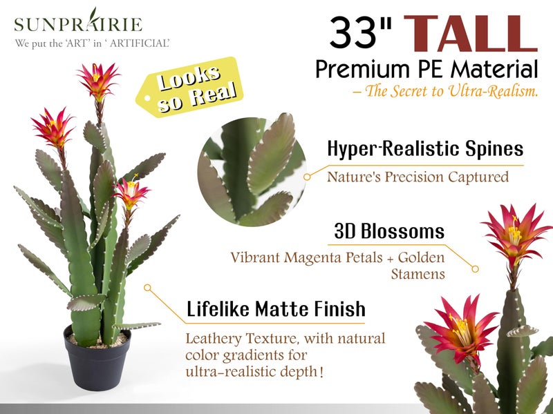 SUNPRAIRIE 33 Inch Large Artificial Cactus with Magenta Flowers in Pot with Natural Gravel. Satin Finish Leaves with Real Look and Feel. Outdoor and Indoor Faux Plants. - Image 2