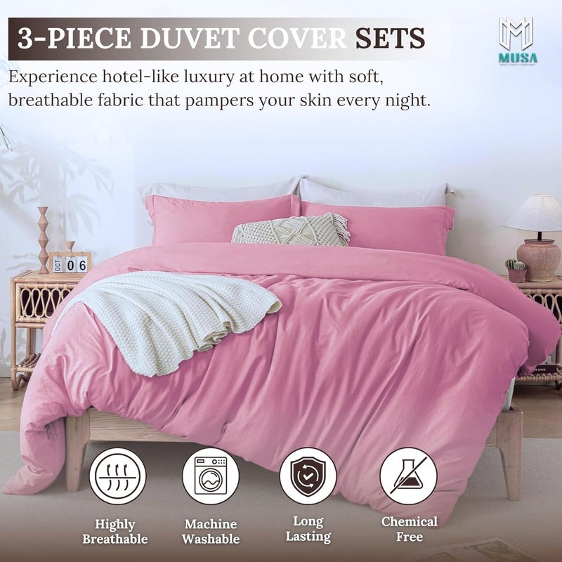MUSA MUSA® Premium Comforter Set with 100% Cotton, Comfy 1 Comforter Cover & 2 Pillow Shams - Stain Free Duvet Cover for Bedrooms | Washable & Wrinkle Free (Pink, Full - 180 x 200cm) - Image 3