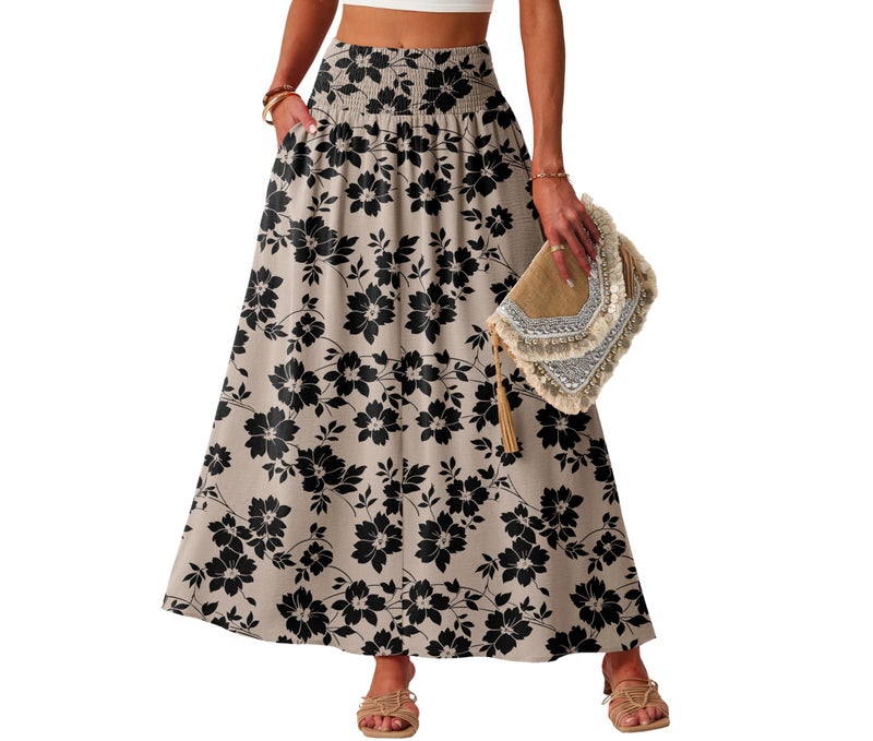 Lepunuo Casual Maxi Boho Skirts Casual Smocked Waisted Trendy Floral Skirts with Pockets - Image 1