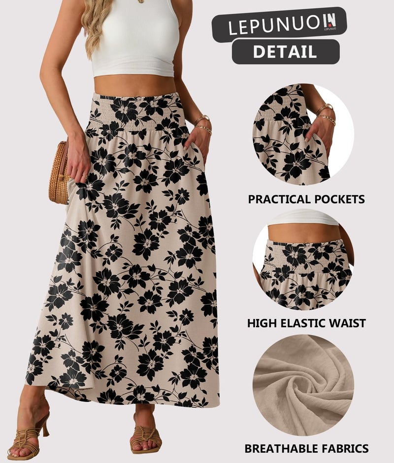 Lepunuo Casual Maxi Boho Skirts Casual Smocked Waisted Trendy Floral Skirts with Pockets - Image 5