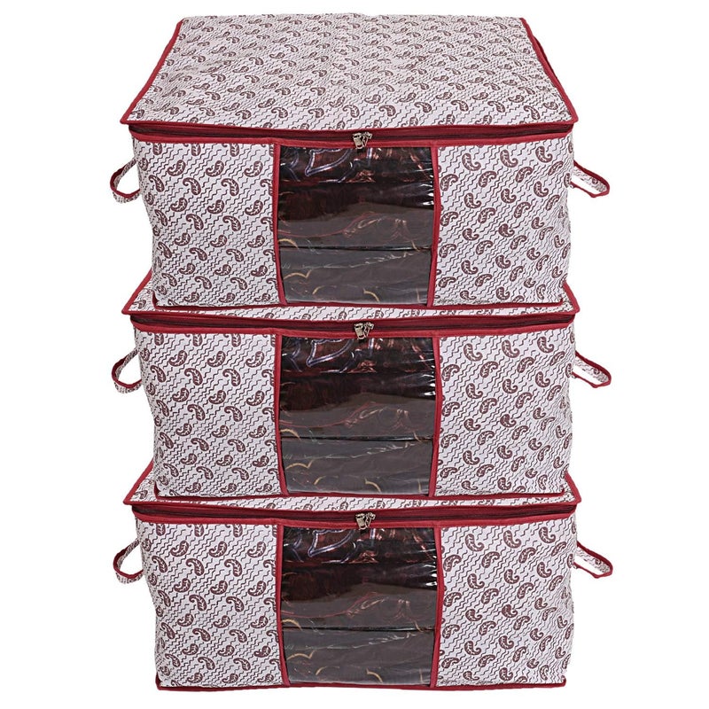 Kuber Industries Cairy Design 3 Piece NonWoven Underbed Storage OrganiserOrganiser Extra Large Maroon - Image 1