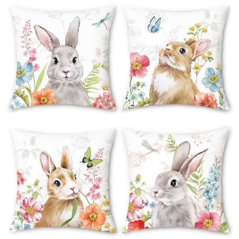 Bonhause Spring Bunny Throw Pillow Covers 18 x 18 Inch Easter Rabbit Floral Decorative Pillows for Couch Sofa Garden Patio Spring Easter Decor Set of 4 - Image 2