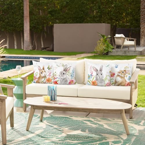 Bonhause Spring Bunny Throw Pillow Covers 18 x 18 Inch Easter Rabbit Floral Decorative Pillows for Couch Sofa Garden Patio Spring Easter Decor Set of 4 - Image 3