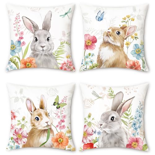 Bonhause Spring Bunny Throw Pillow Covers 18 x 18 Inch Easter Rabbit Floral Decorative Pillows for Couch Sofa Garden Patio Spring Easter Decor Set of 4 - Image 1