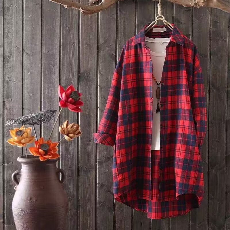 Sun Protection Clothing Spring & Fall Plaid Shirt Women'S Long-Sleeved Jacket Loose Student Black And White Mid-Length Large Size Shirt Design - Image 4
