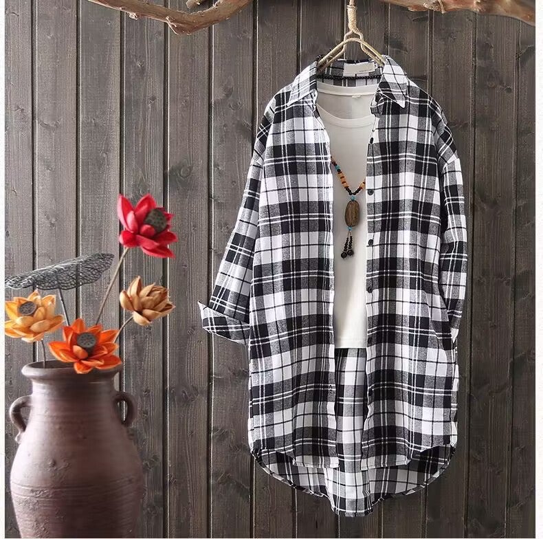 Sun Protection Clothing Spring & Fall Plaid Shirt Women'S Long-Sleeved Jacket Loose Student Black And White Mid-Length Large Size Shirt Design - Image 2